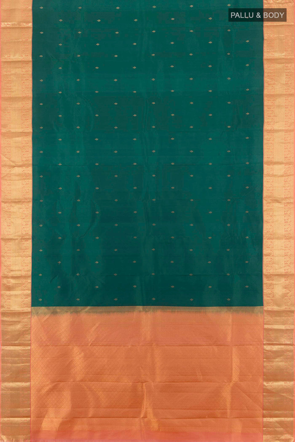 Flat view of Peacock Blue Kanchipuram Silk Saree with Zari Butta on the body and Silk Border. 