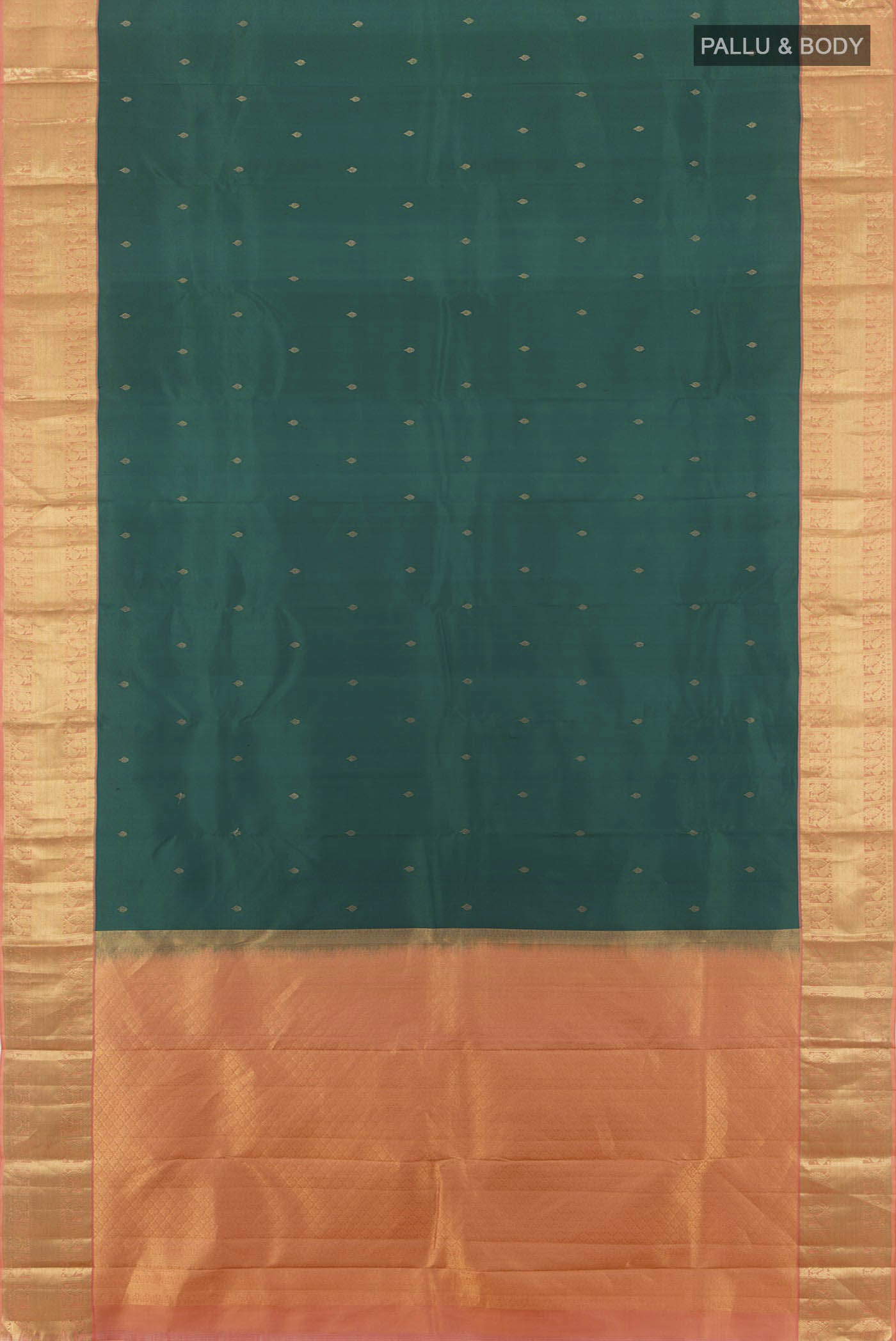 Flat view of Peacock Blue Kanchipuram Silk Saree with Zari Butta on the body and Silk Border. 