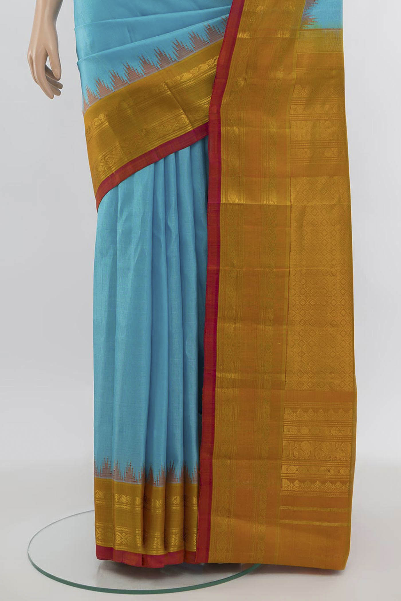 Pleats and pallu of Sky Blue Gadwal Silk Saree with Zari Butta on the body and Silk Border. 
