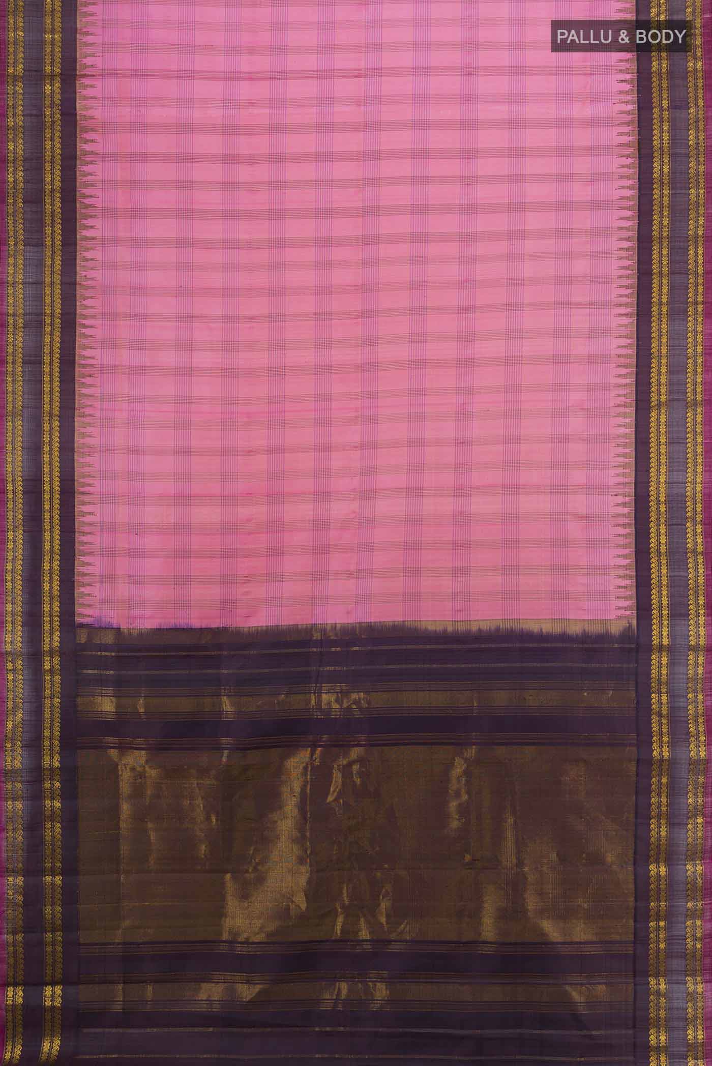 Flat view of Imperial Pink Gadwal Silk Saree with Zari Butta on the body and Silk Border. 