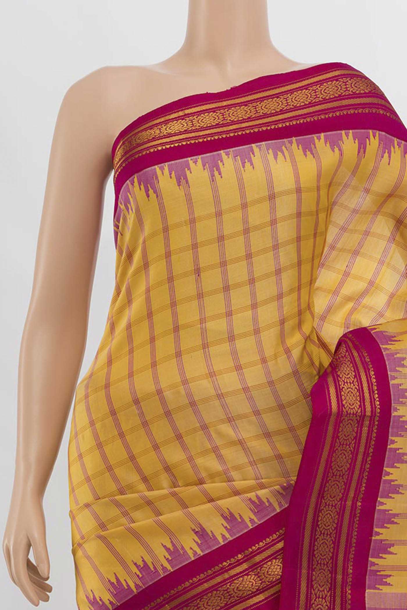 Border image of Yellow Gadwal Silk Saree with Zari Butta on the body and Silk Border. 