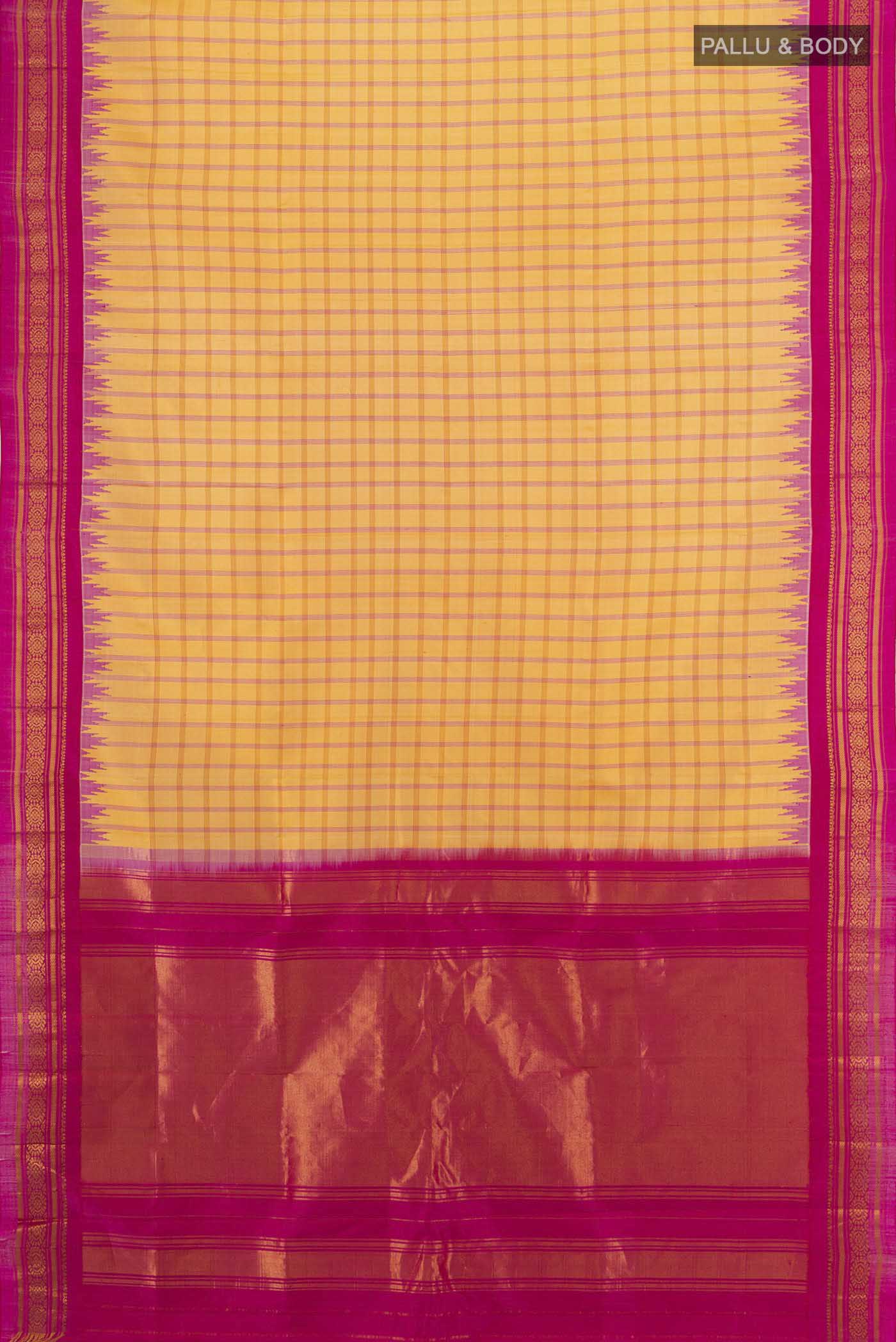 Flat view of Yellow Gadwal Silk Saree with Zari Butta on the body and Silk Border. 