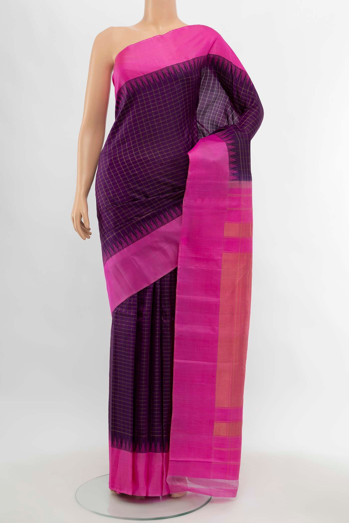 Violet Gadwal Silk Saree with Checked design on the body and Silk Border displayed on a mannequin
