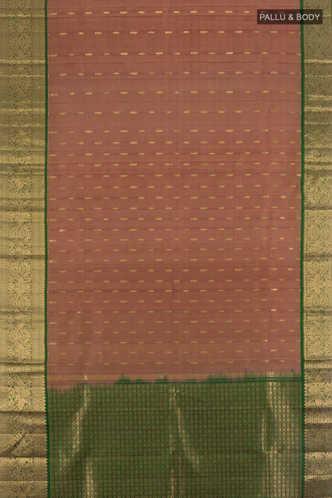 Flat view of Bronze Kanchipuram Silk Saree with Zari Butta on the body and Silk Border. 