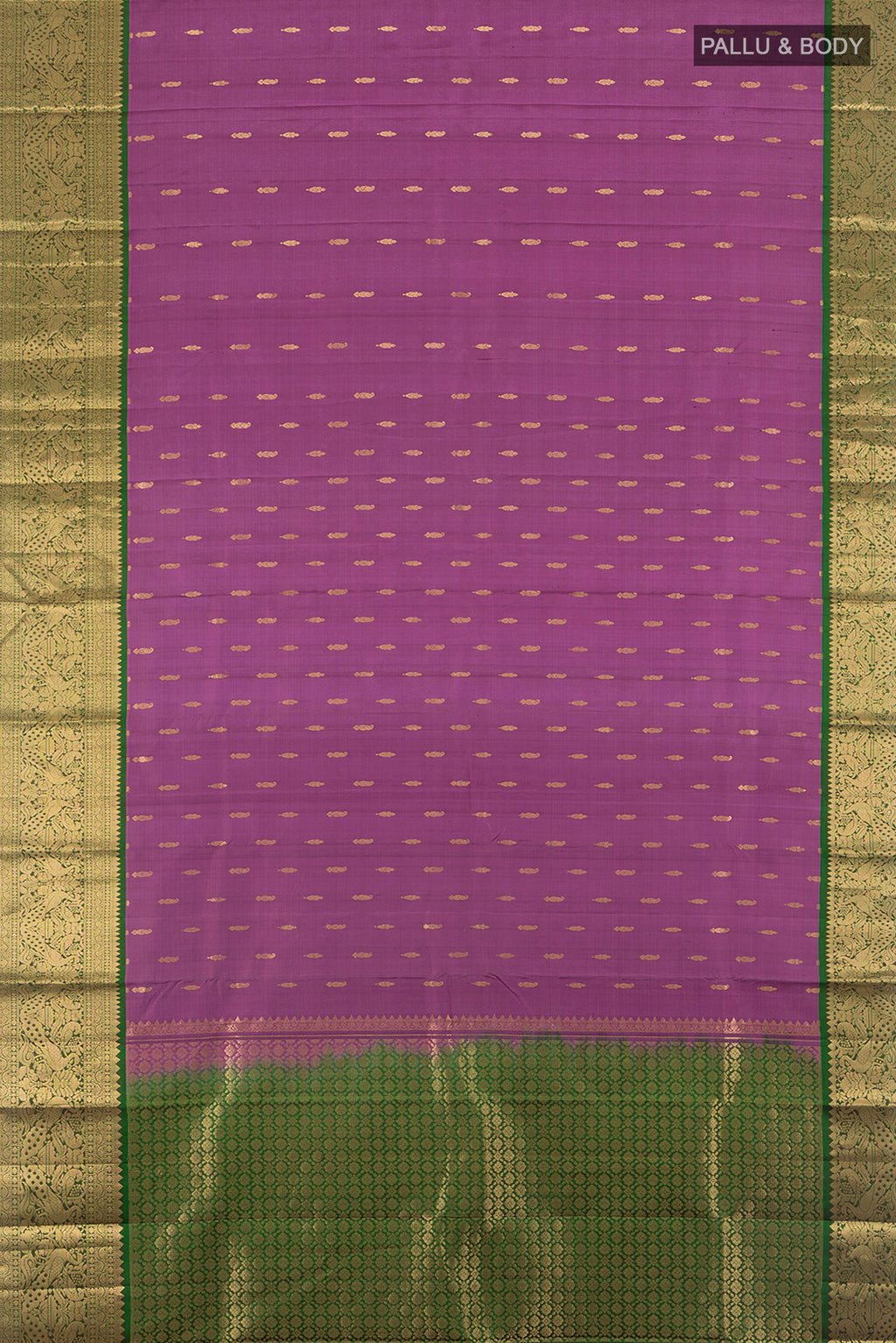 Flat view of Pure Silk Pure Zari Bronze Kanchipuram Saree with Zari Butta on the body and Silk Border. 