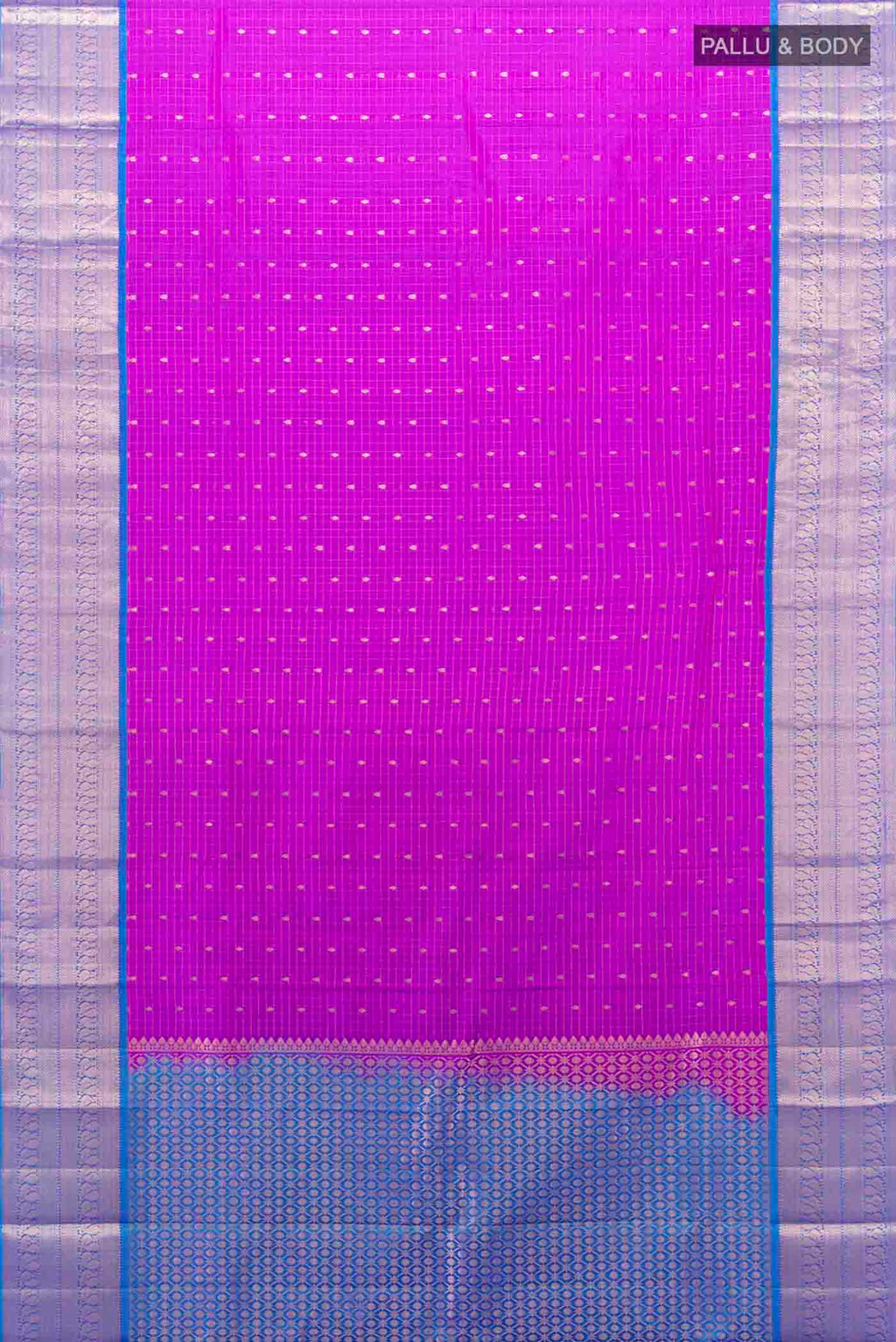 Flat view of Purple Kanchipuram Silk Saree with Zari Butta on the body and Silk Border