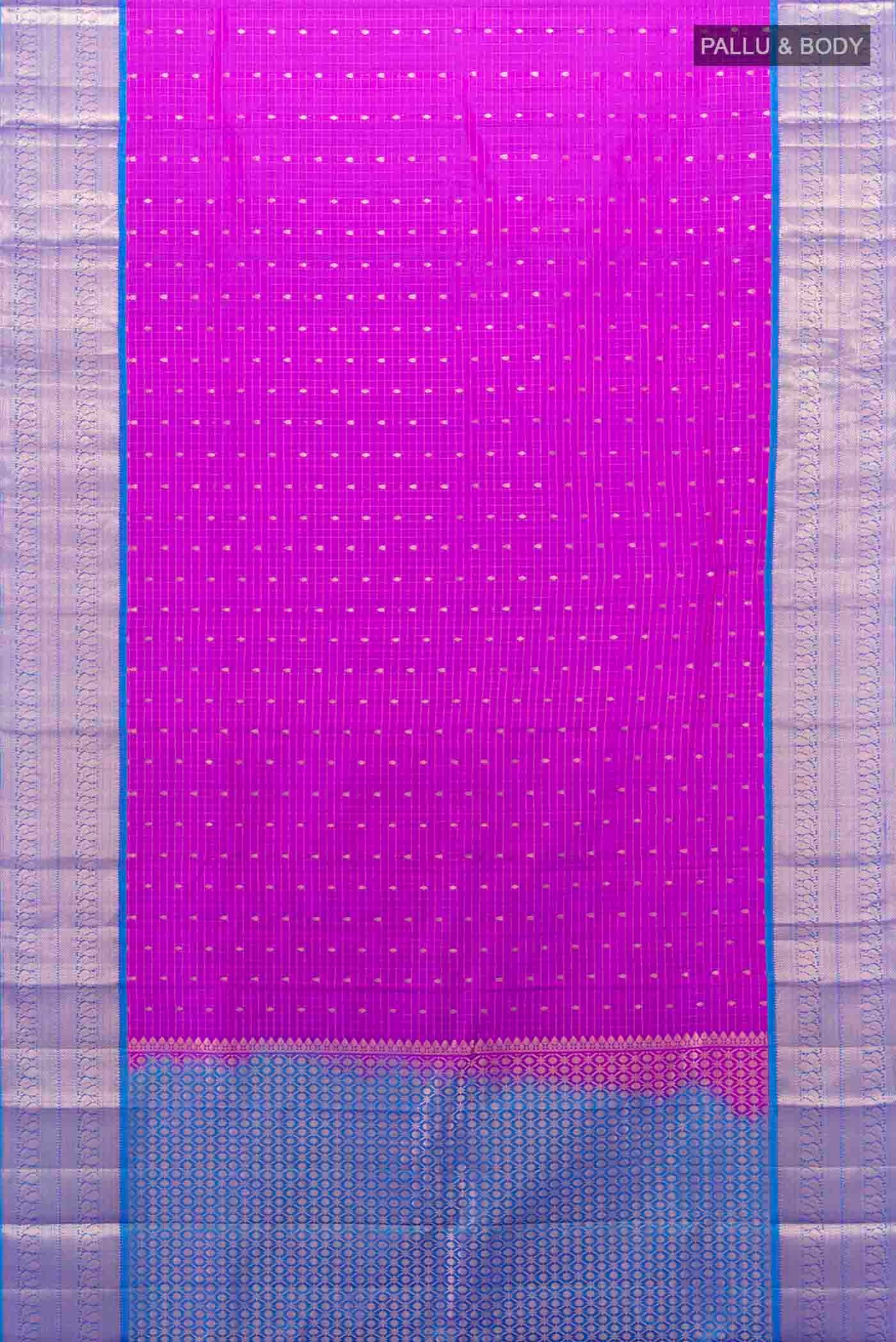 Flat view of Purple Kanchipuram Silk Saree with Zari Butta on the body and Silk Border