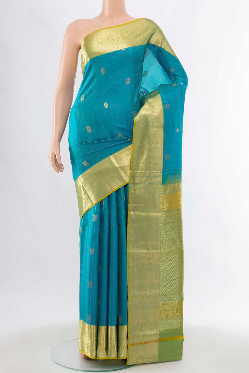 Light Blue Kanchipuram Silk Saree with Zari Butta on the body and Silk Border displayed on a mannequin