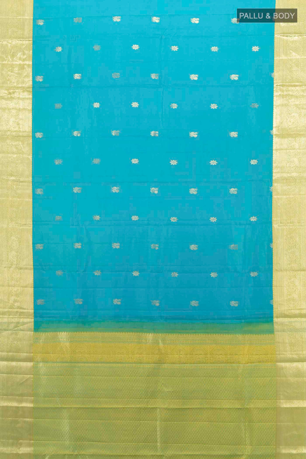 Flat view of Light Blue Kanchipuram Silk Saree with Zari Butta on the body and Silk Border