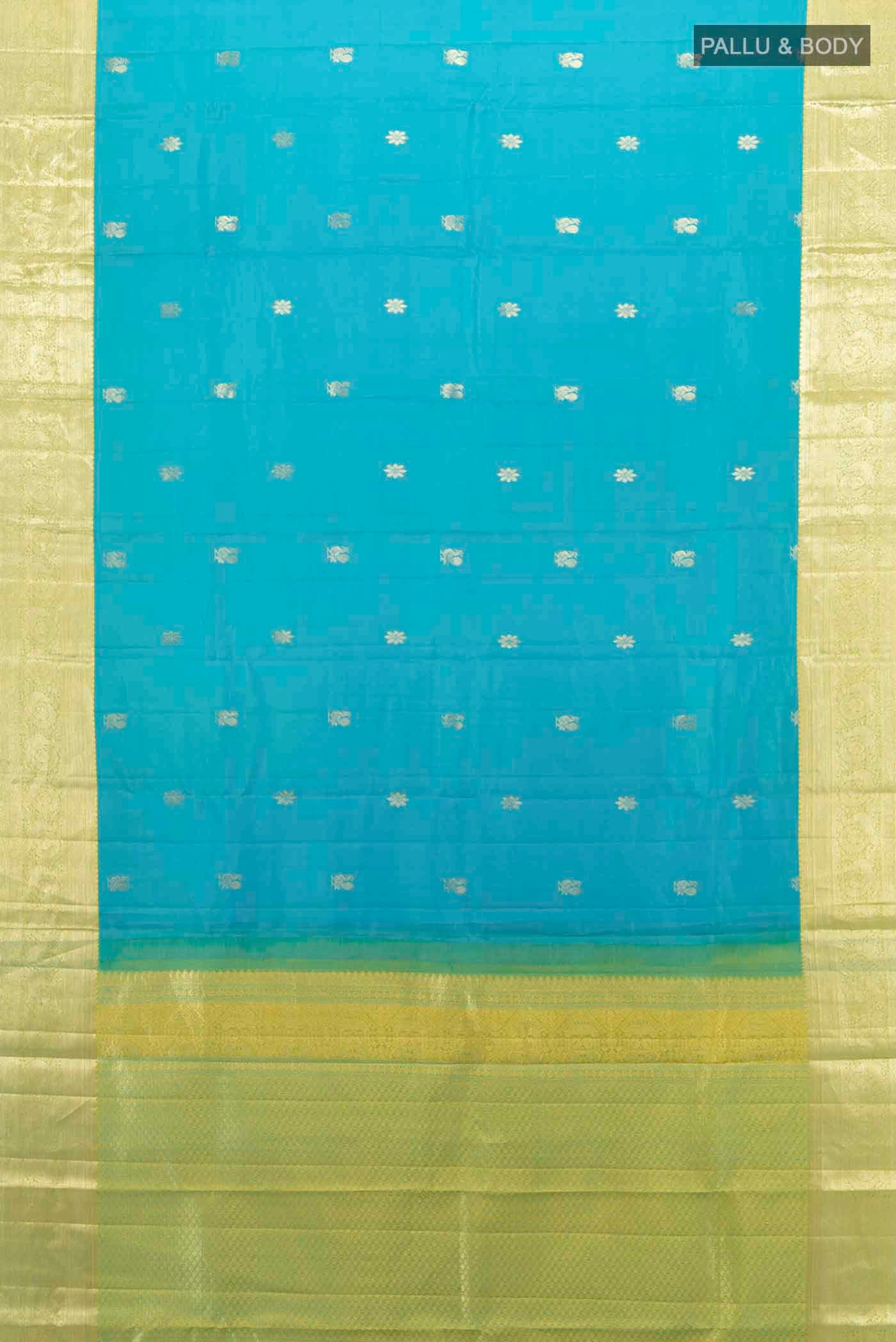 Flat view of Light Blue Kanchipuram Silk Saree with Zari Butta on the body and Silk Border