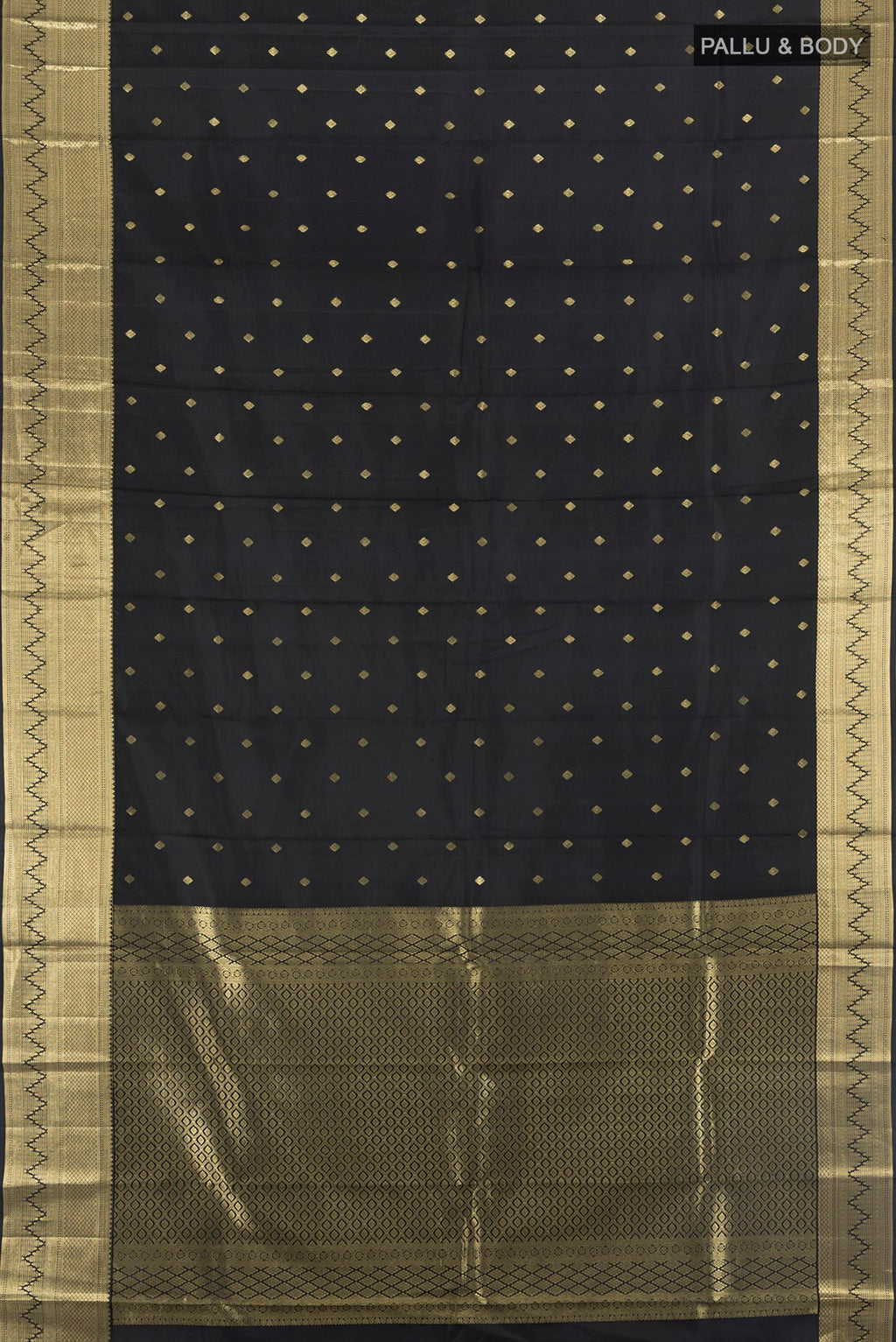 Flat view of Black Kanchipuram Silk Saree with Zari Butta on the body and Zari Border. 