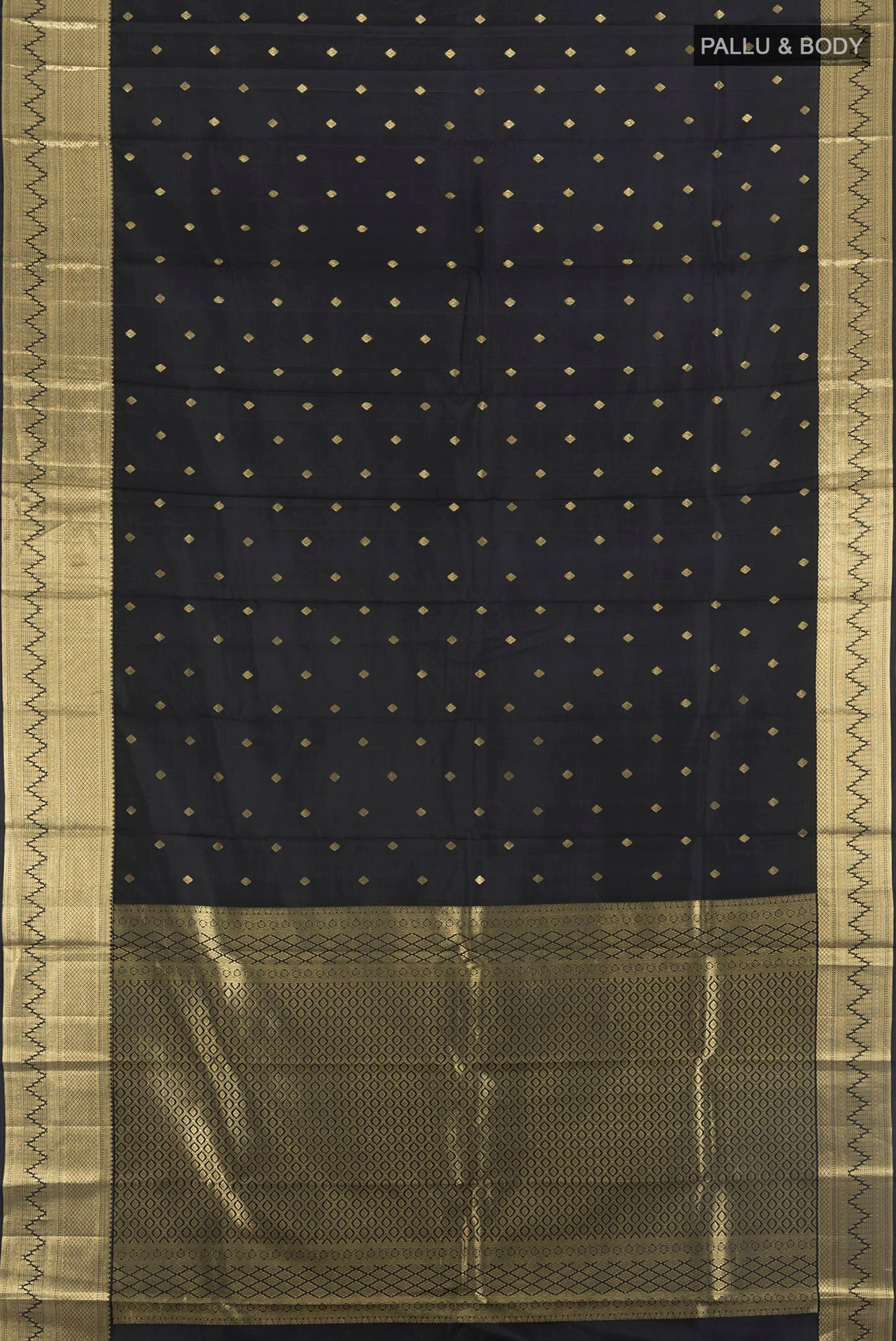 Flat view of Black Kanchipuram Silk Saree with Zari Butta on the body and Zari Border. 