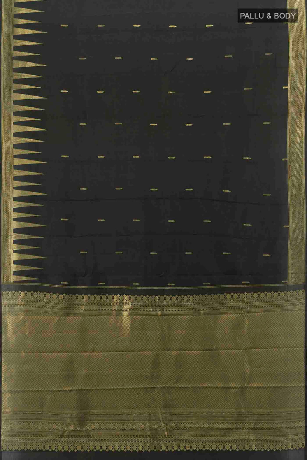 Flat view of Black Kanchipuram Silk Saree with Zari Butta on the body and Silk Border