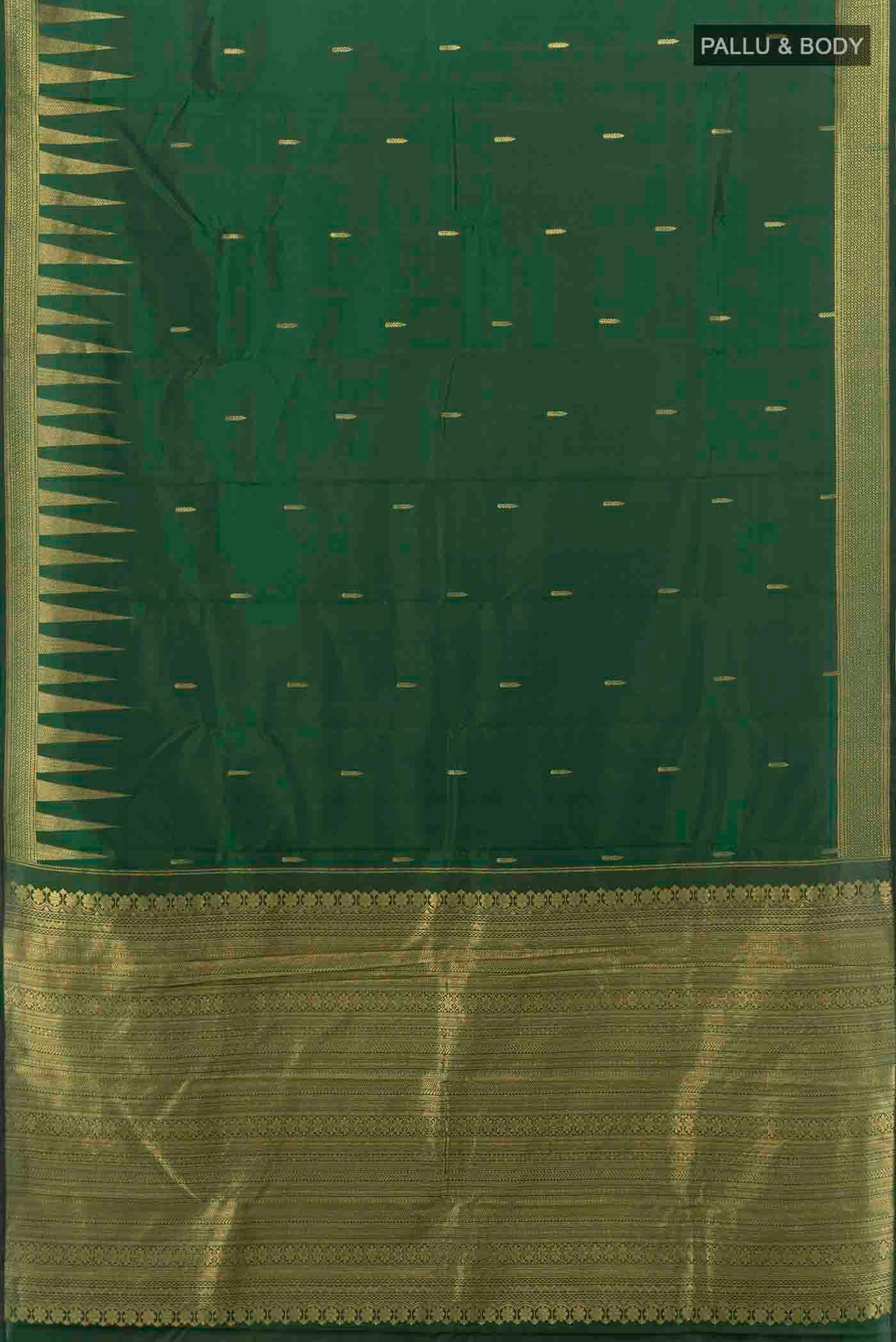 Flat view of Bottle Green Kanchipuram Silk Saree with Zari Butta on the body and Temple Border