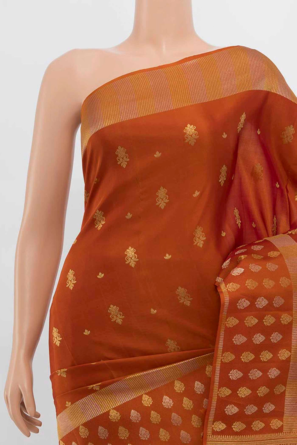 Border image of Rust Kanchipuram Silk Saree with Zari Butta on the body and Silk Border