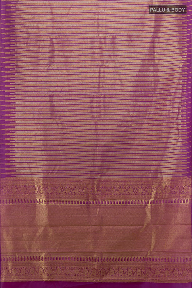 Flat view of Pure Silk Pure Zari Purple Kanchipuram Saree with Zari Butta on the body and Silk Border. 