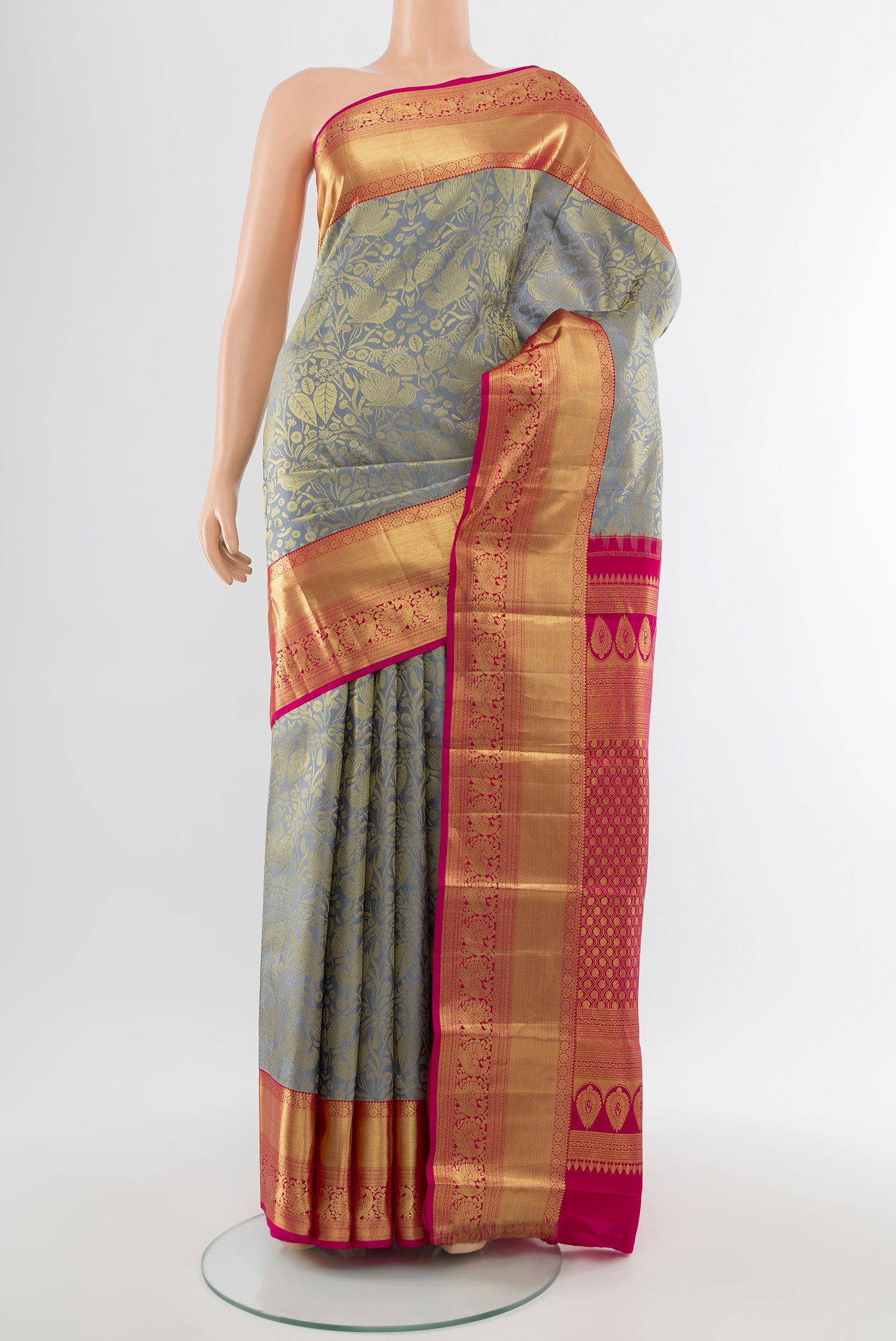 Pure Silk Pure Zari Davys Grey Kanchipuram Nine Yards Saree with Zari Butta on the body and Silk Border.  displayed on a mannequin