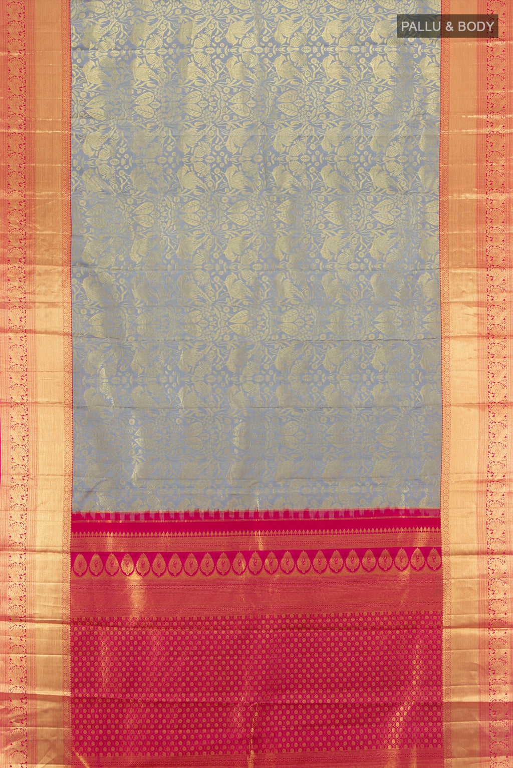 Flat view of Pure Silk Pure Zari Davys Grey Kanchipuram Nine Yards Saree with Zari Butta on the body and Silk Border. 