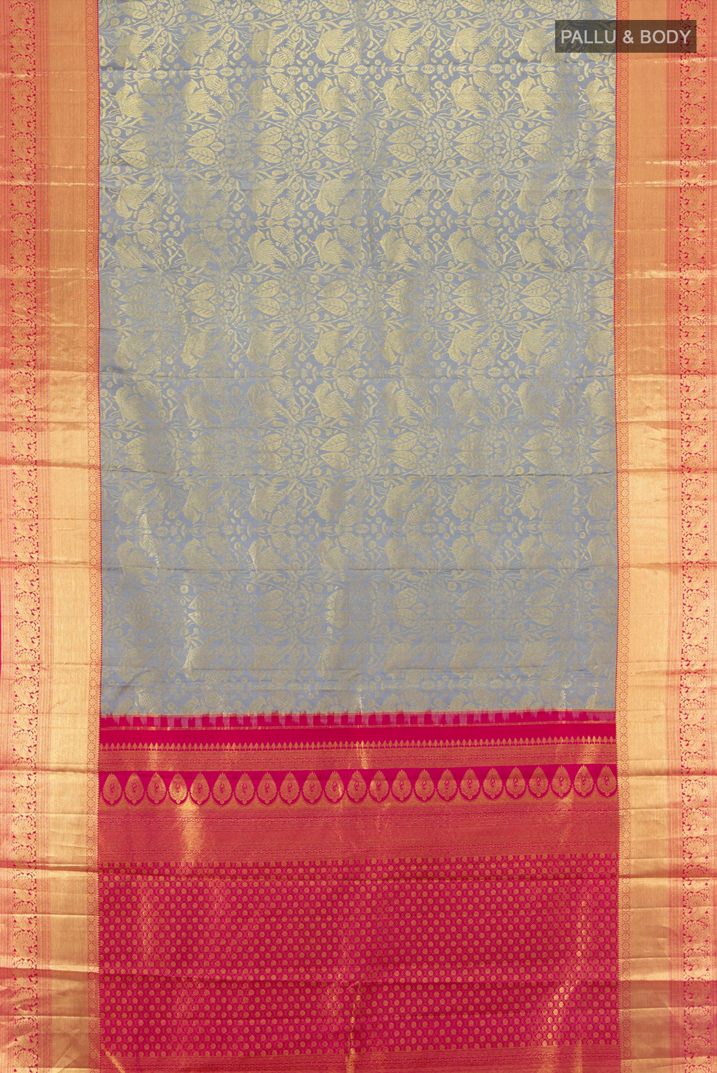Flat view of Pure Silk Pure Zari Davys Grey Kanchipuram Nine Yards Saree with Zari Butta on the body and Silk Border. 