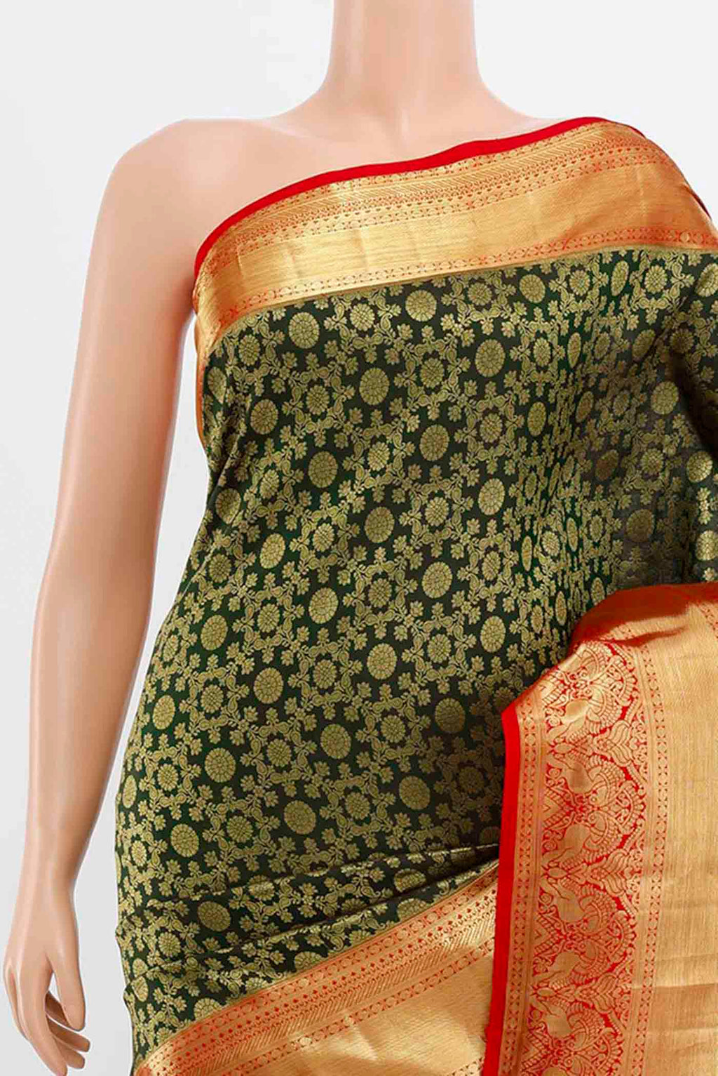 Border image of Bottle Green Kanchipuram Silk Saree with Zari Butta on the body and Silk Border. 