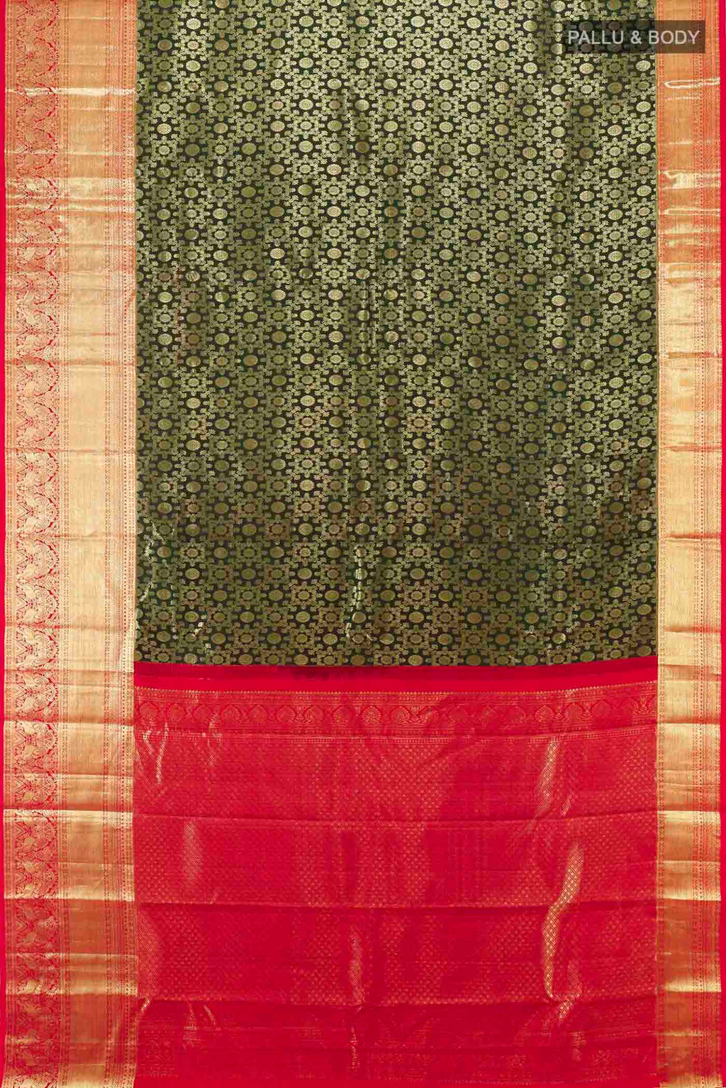 Flat view of Bottle Green Kanchipuram Silk Saree with Zari Butta on the body and Silk Border. 