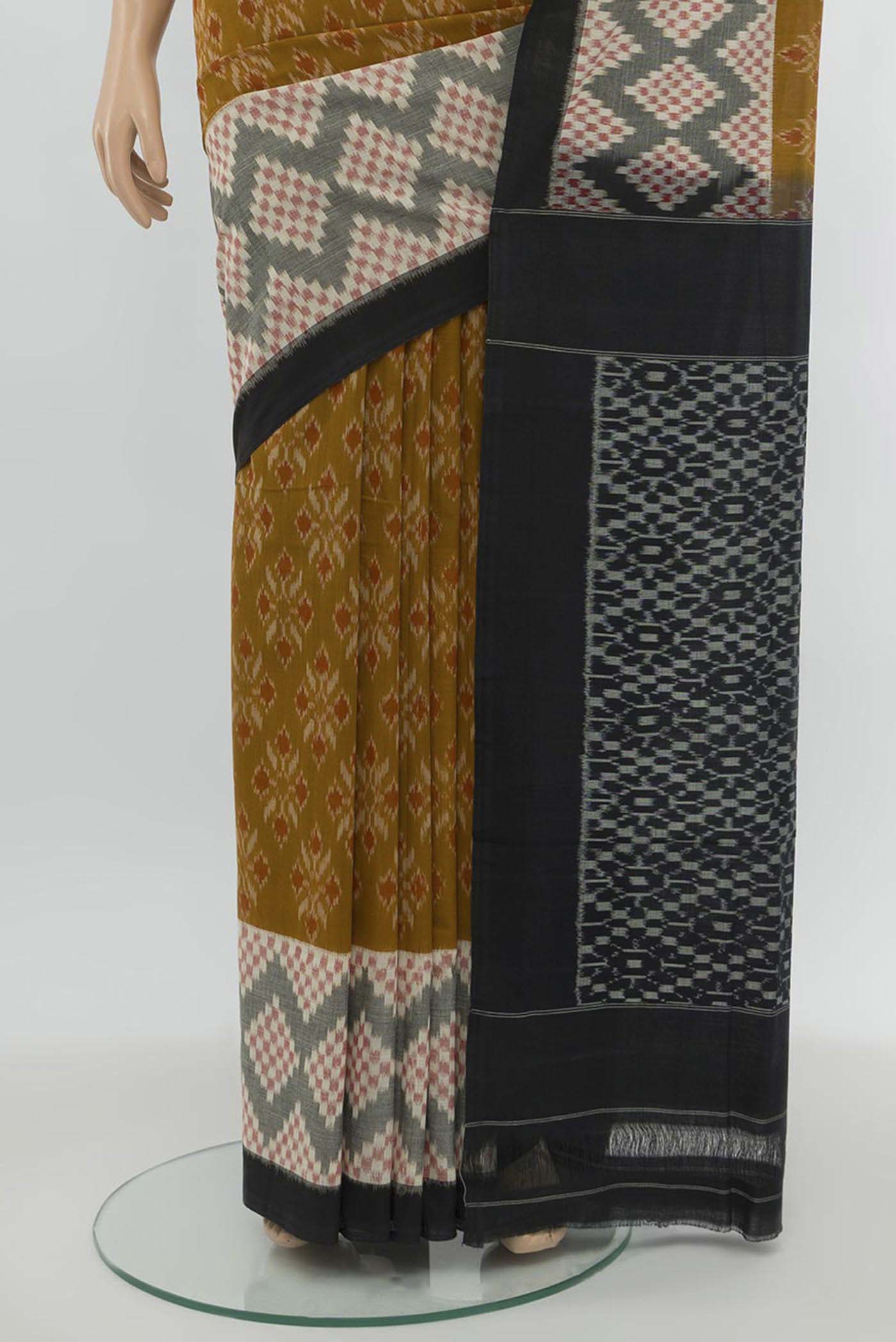 Pleats and pallu of Multi Color Pochampally Cotton Saree with Checked design on the body and Fancy Border. 