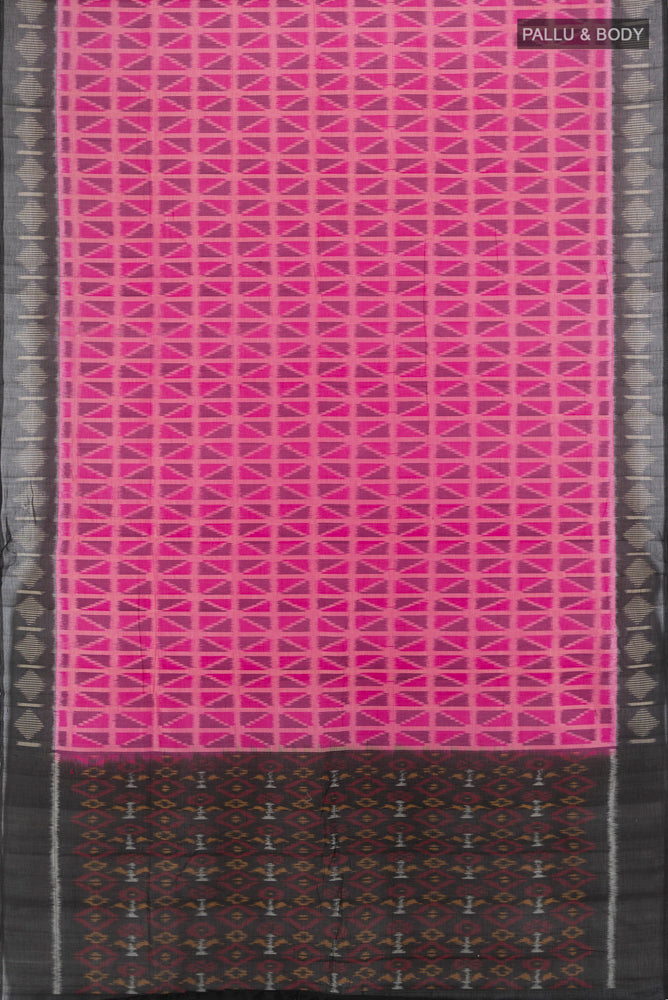 Flat view of Peach Pochampally Cotton Saree with Ikat Print on the body and Fancy Border. 