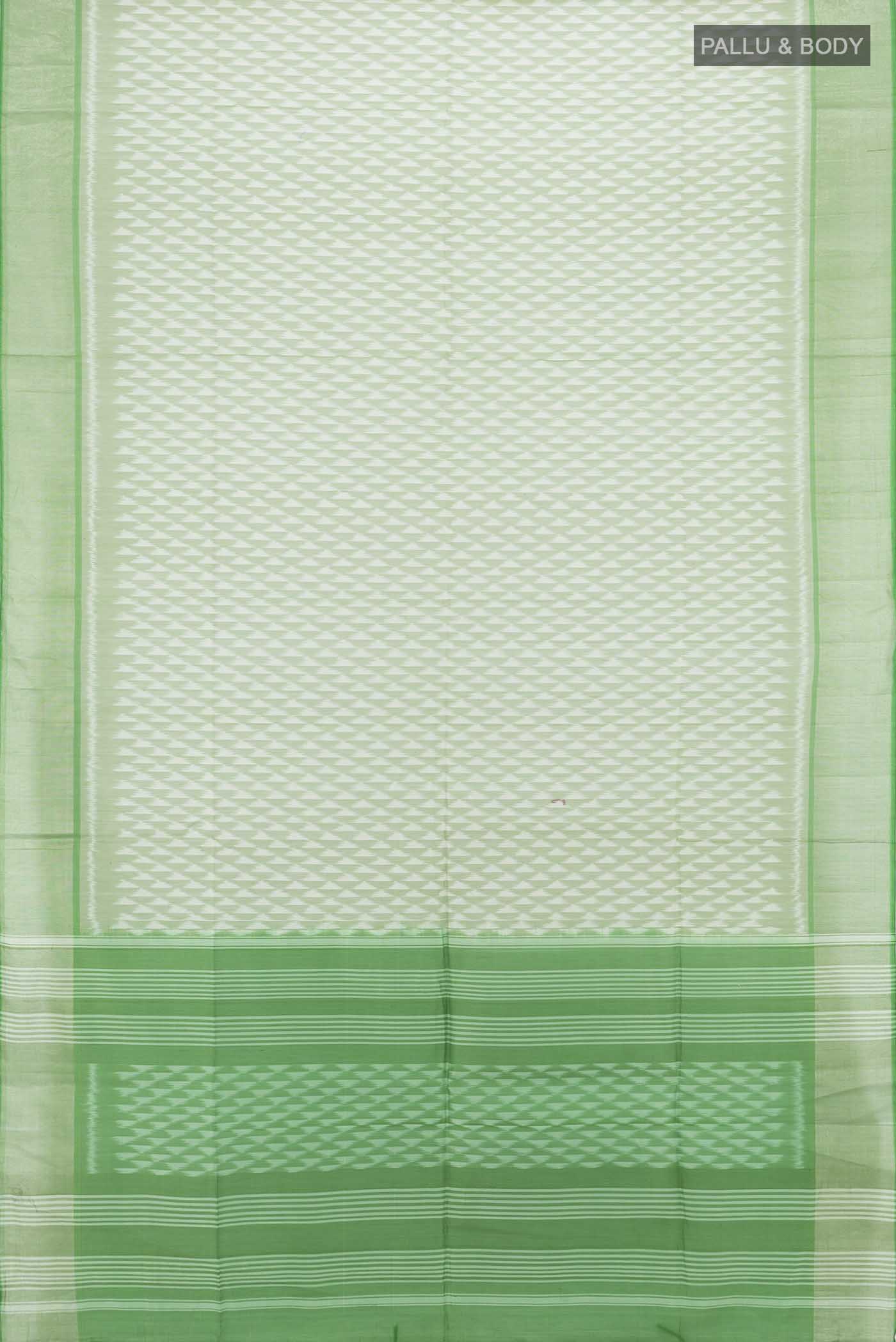 Flat view of Light Green Kora Cotton Saree with Zari Butta on the body and Silk Border. 