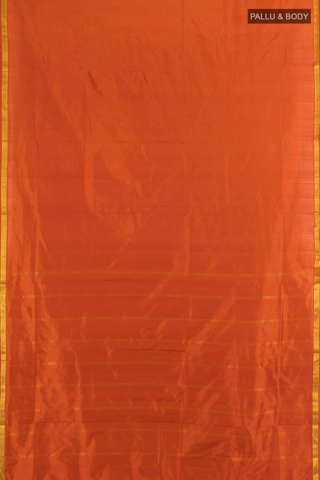 Flat view of Pure Silk Pure Zari Rust Kanchipuram Nine Yards Saree with Plain Body and Silk Border. 