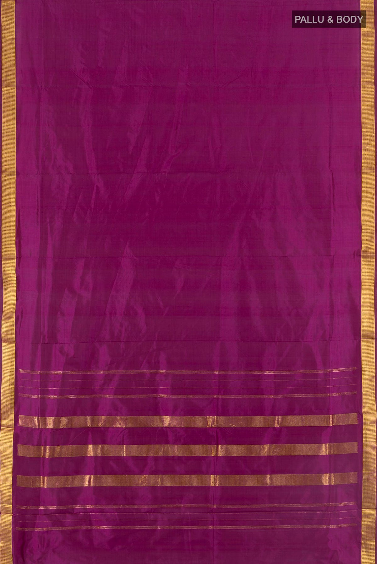 Flat view of Pure Silk Magenta Kanjivaram Nine Yards Saree with Plain Body and Zari Border. 