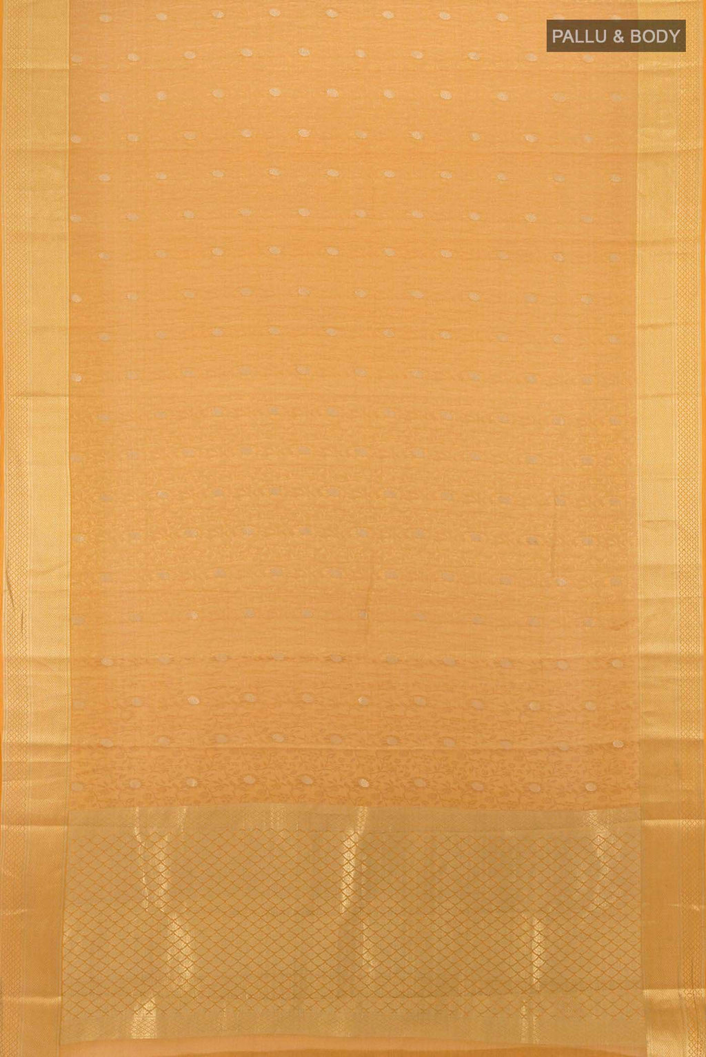 Flat view of Mustard Mysore Crepe Saree with Zari Butta on the body and Silk Border. 