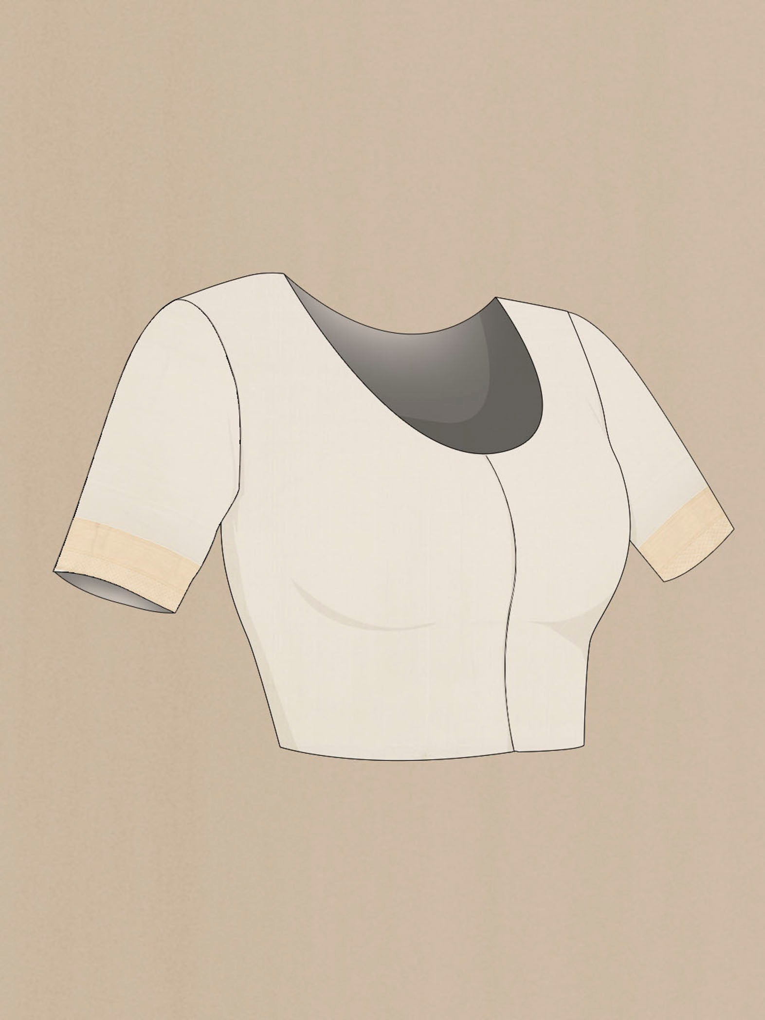 Close up image of the blouse of Off White Georgette Saree with Zari Butta on the body and Silk Border