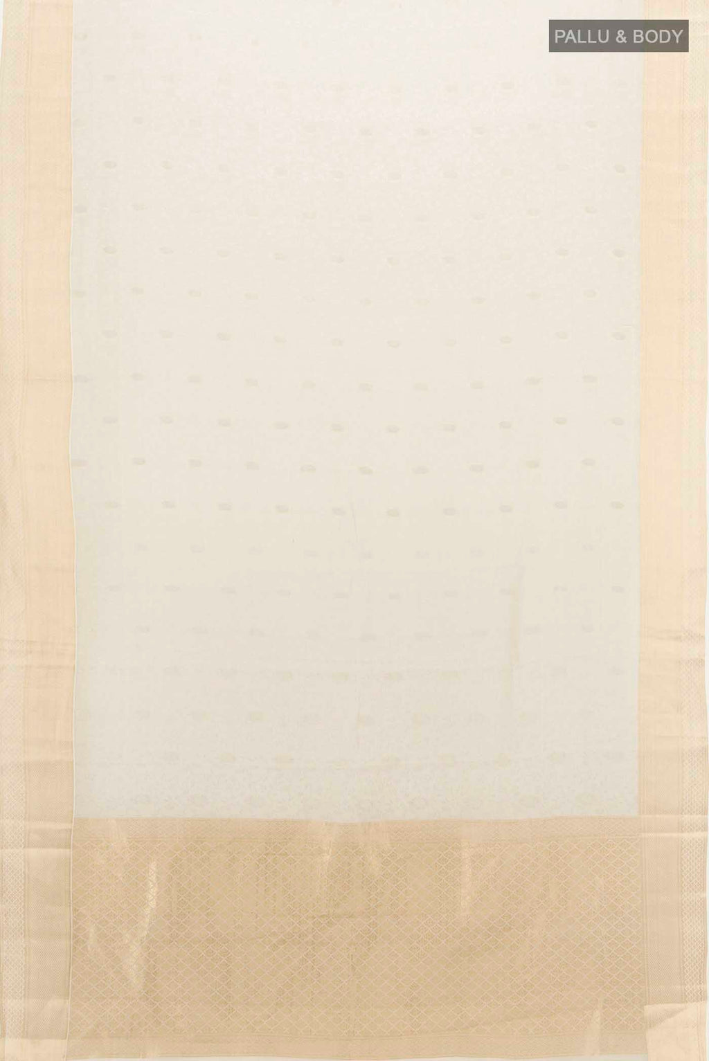 Flat view of Off White Georgette Saree with Zari Butta on the body and Silk Border