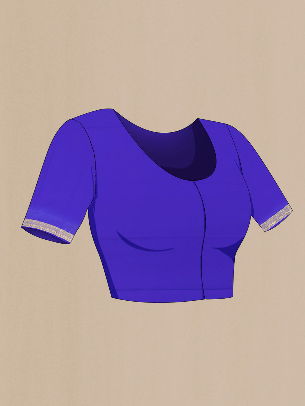 Close up image of the blouse of Dark Blue Mysore Crepe Saree with Plain Body and Silk Border. 