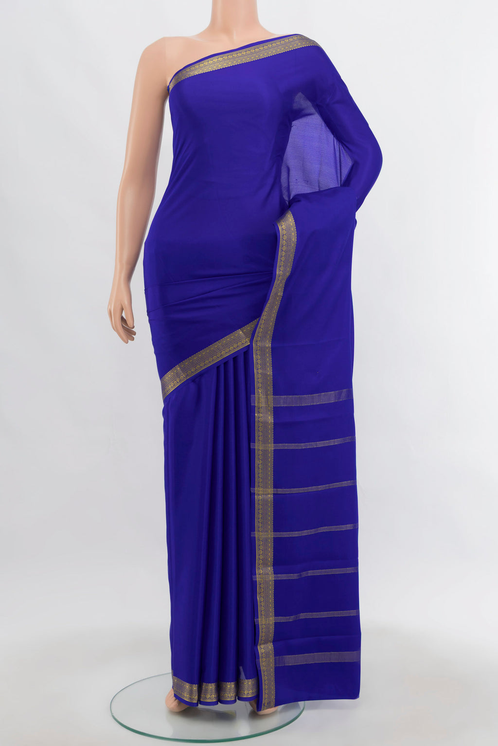 Dark Blue Mysore Crepe Saree with Plain Body and Silk Border.  displayed on a mannequin