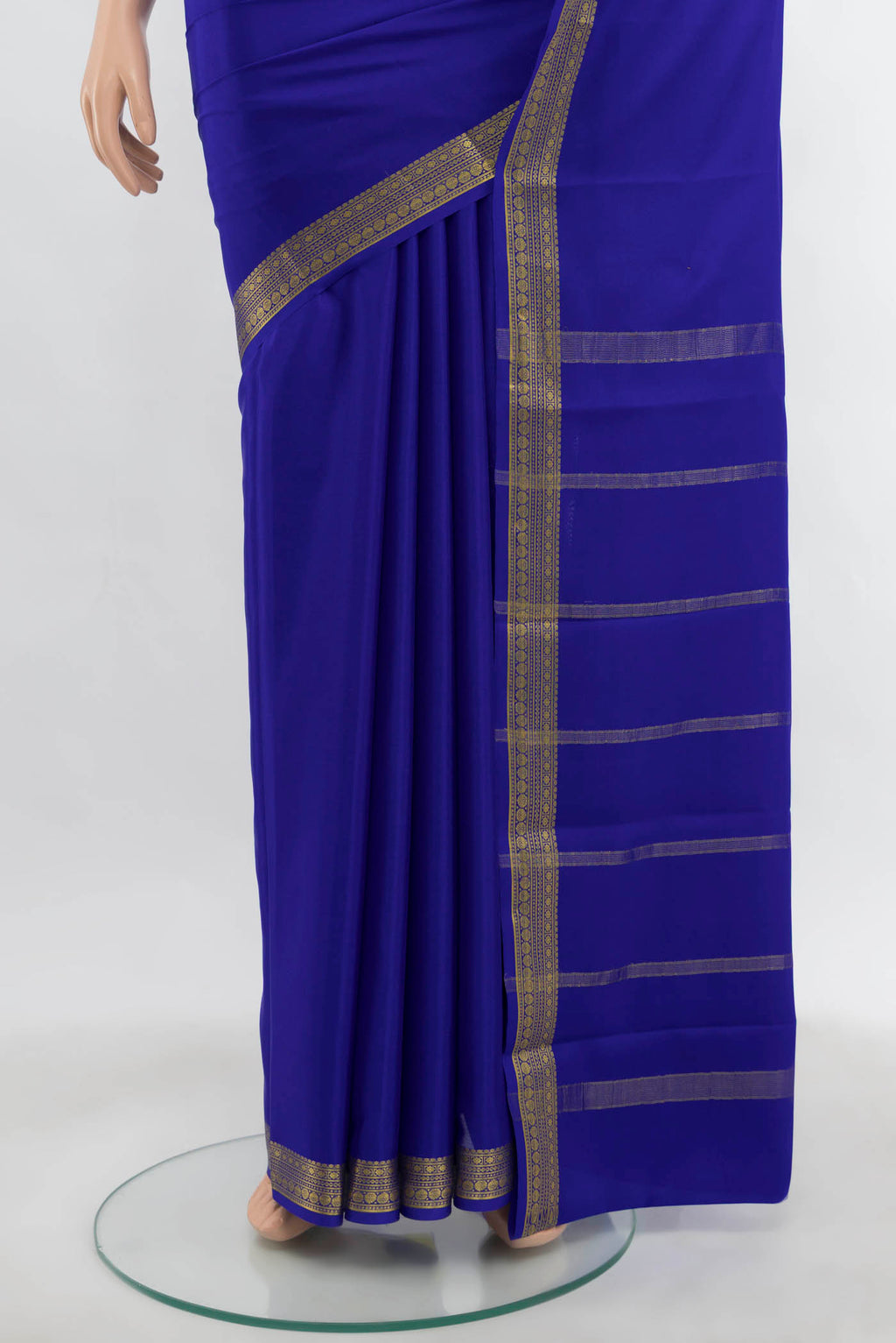 Pleats and pallu of Dark Blue Mysore Crepe Saree with Plain Body and Silk Border. 