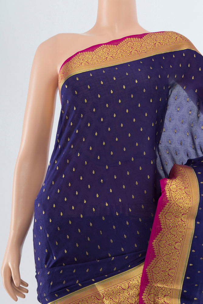 Border image of Dark Blue Mysore Crepe Saree with Zari Butta on the body and Silk Border. 