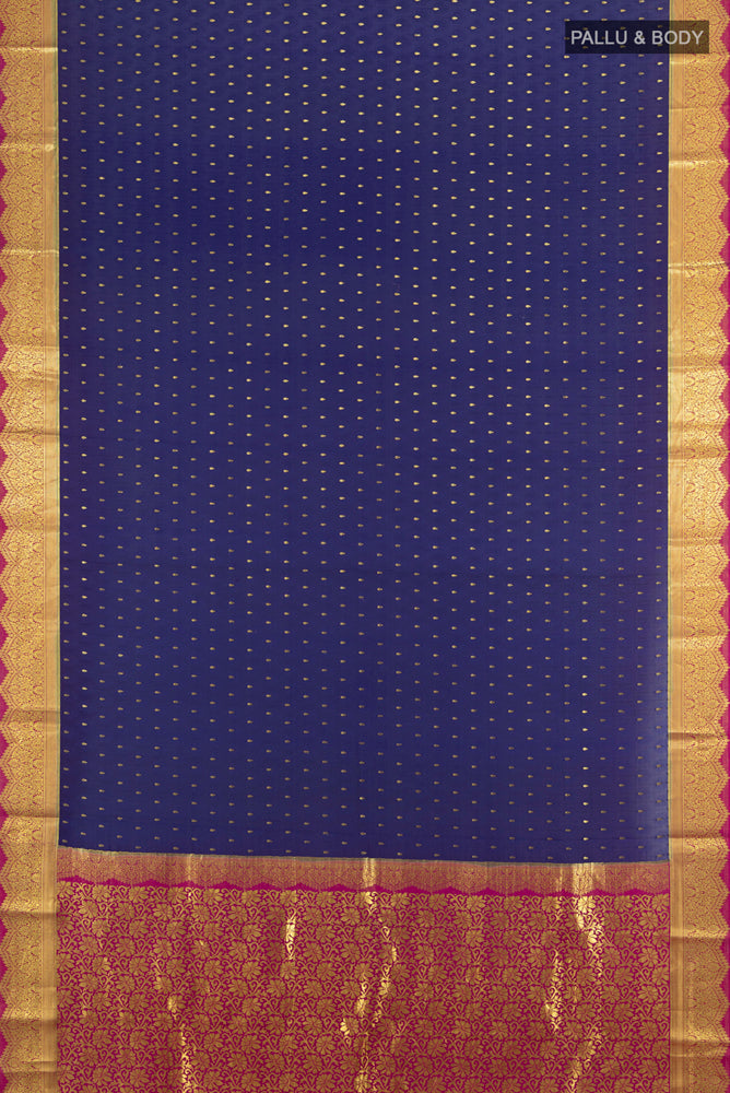 Flat view of Dark Blue Mysore Crepe Saree with Zari Butta on the body and Silk Border. 