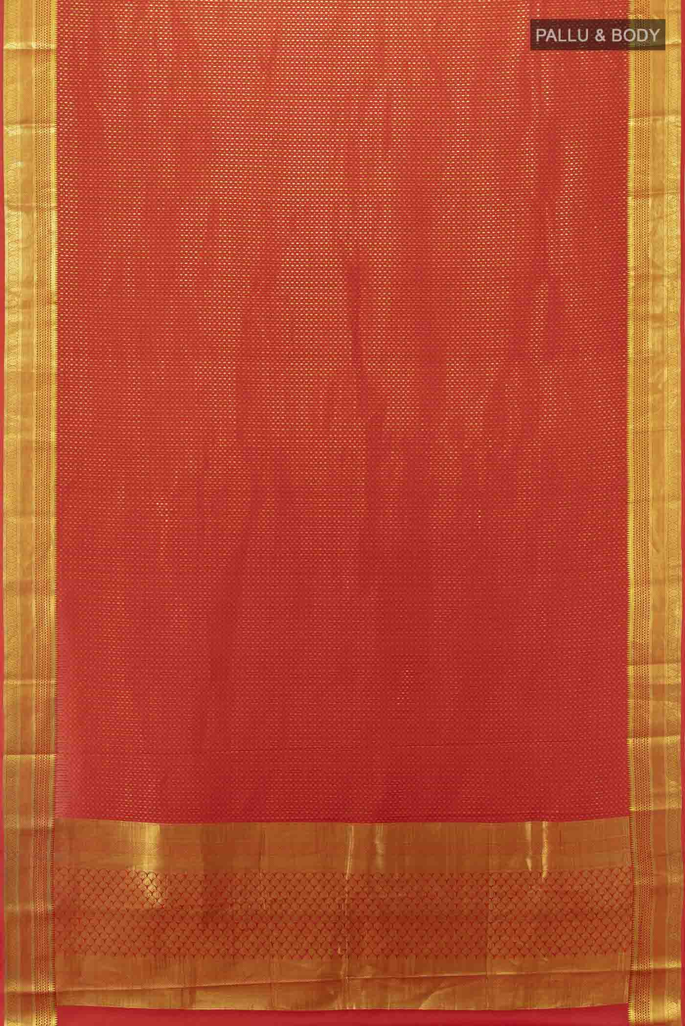 Flat view of Red Mysore Crepe Saree with Zari Butta on the body and Silk Border
