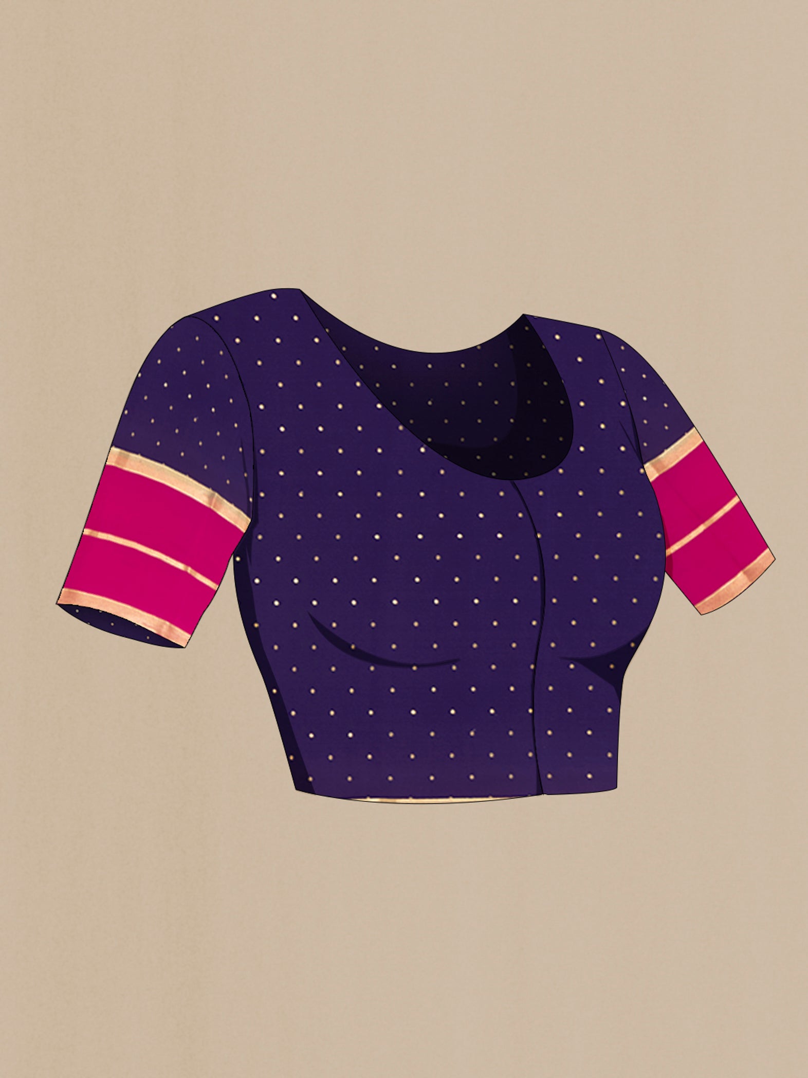 Close up image of the blouse of Purple Mysore Crepe Saree with Plain Body and Silk Border. 