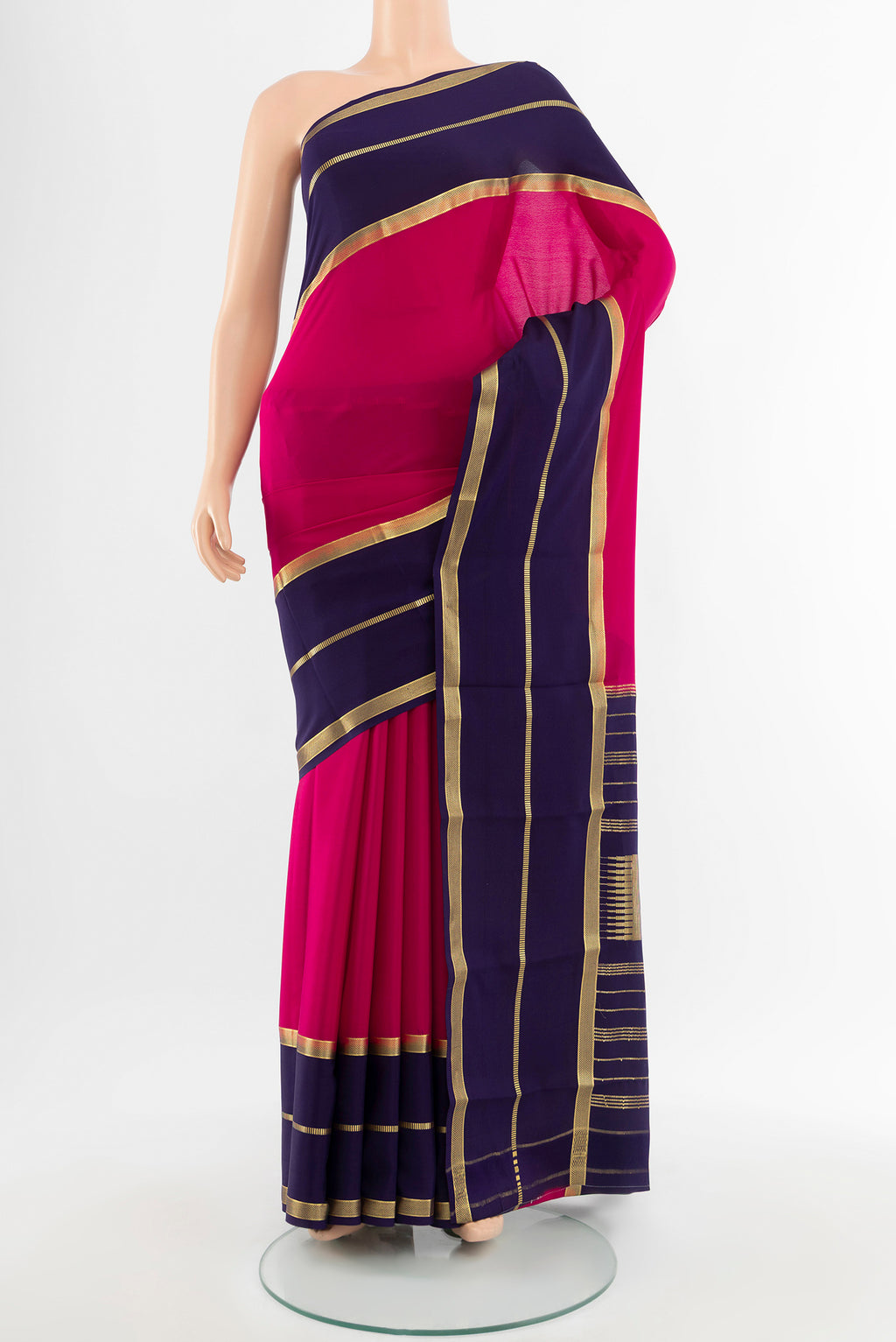 Purple Mysore Crepe Saree with Plain Body and Silk Border.  displayed on a mannequin