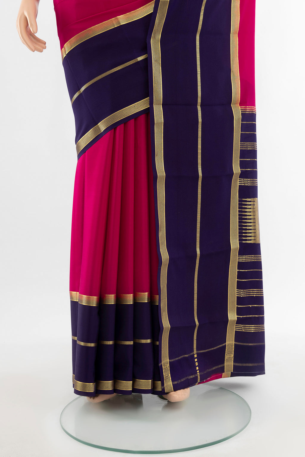 Pleats and pallu of Purple Mysore Crepe Saree with Plain Body and Silk Border. 