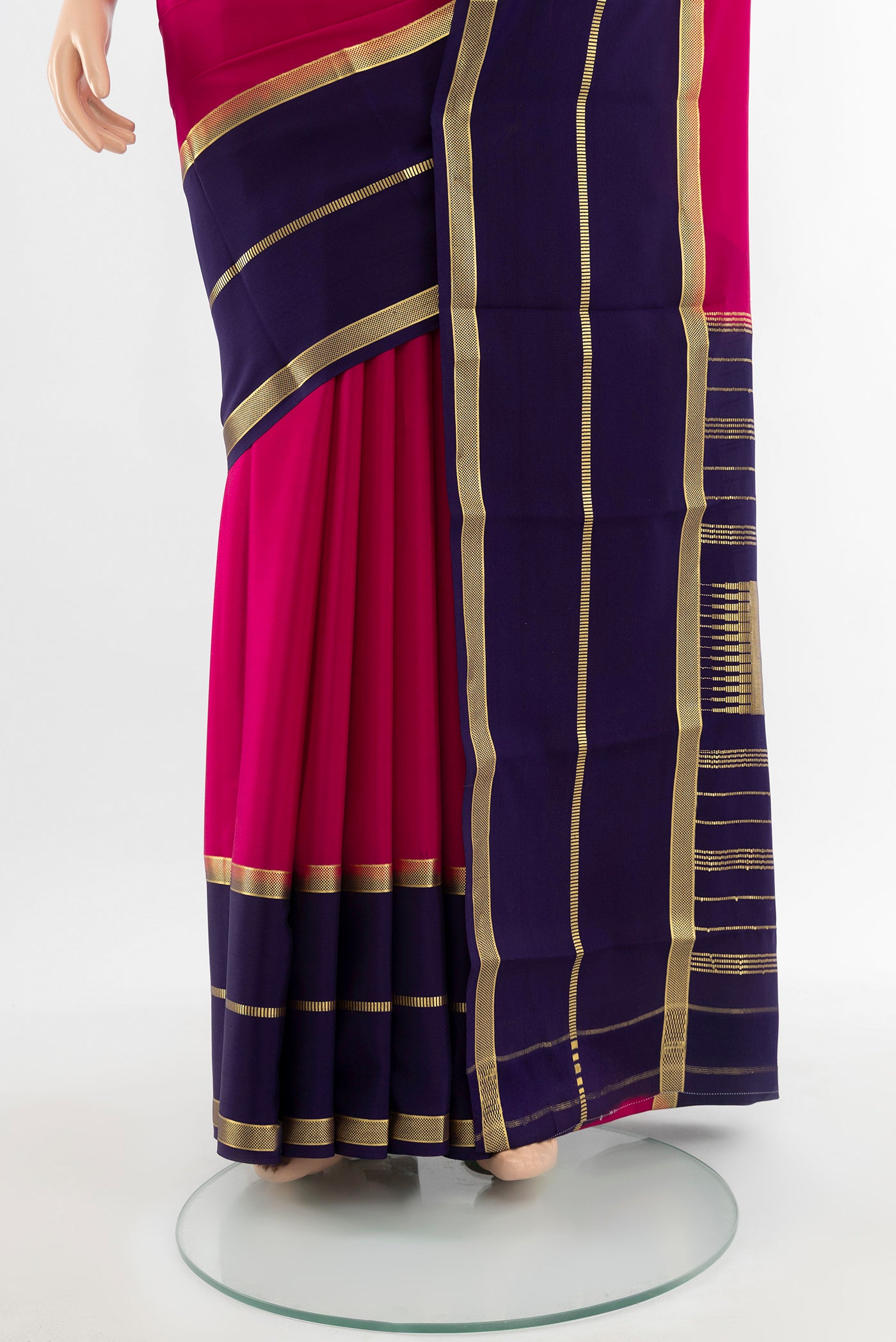 Pleats and pallu of Purple Mysore Crepe Saree with Plain Body and Silk Border. 