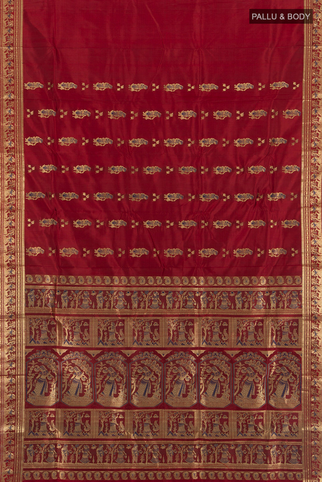 Flat view of Maroon Baluchari Silk Saree with Zari Butta on the body and Zari Border. 