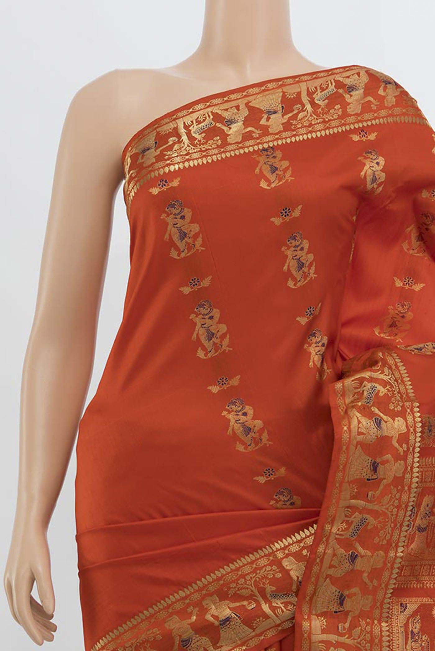 Border image of Orange Baluchari Silk Saree with Zari Butta on the body and Silk Border. 