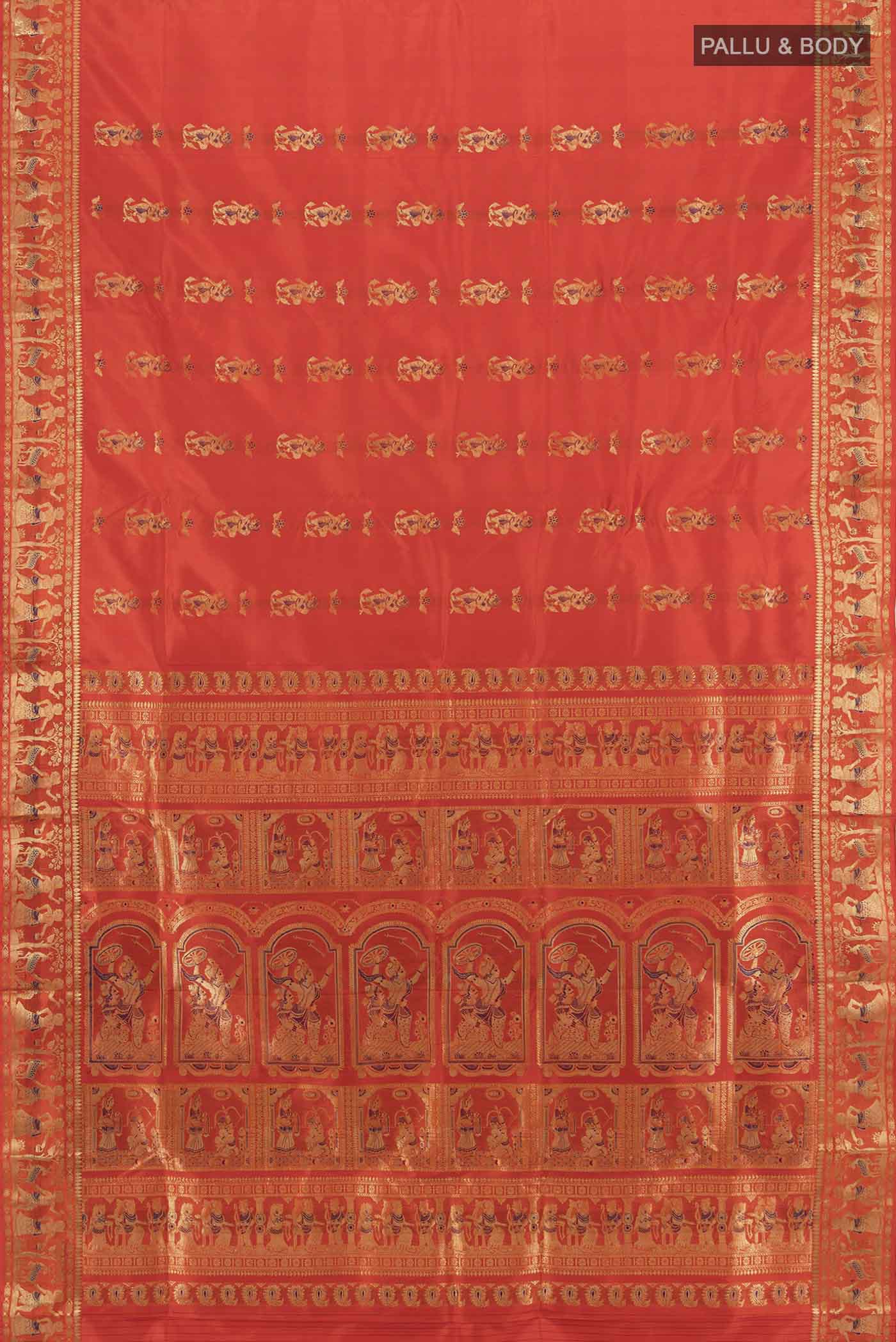 Flat view of Orange Baluchari Silk Saree with Zari Butta on the body and Silk Border. 