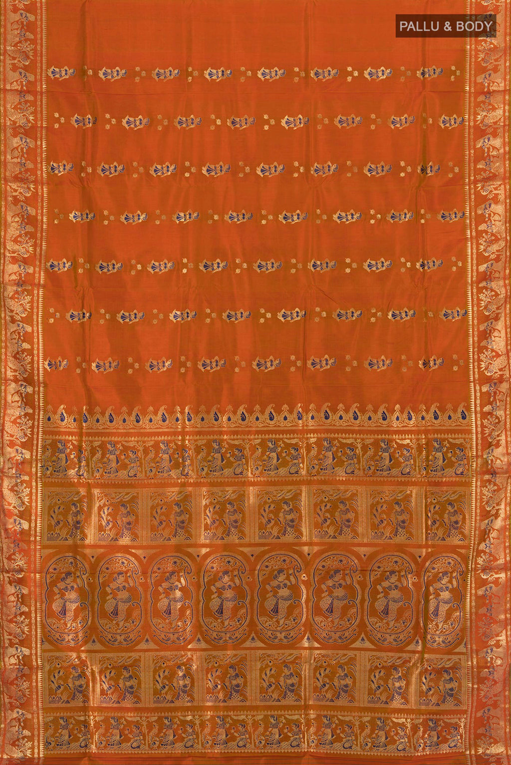 Flat view of Mustard Baluchari Silk Saree with Zari And Thread Butta on the body and Zari Border. 