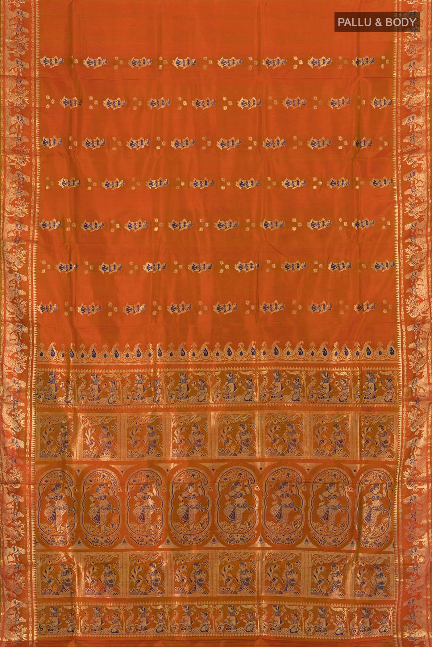 Flat view of Mustard Baluchari Silk Saree with Zari And Thread Butta on the body and Zari Border. 