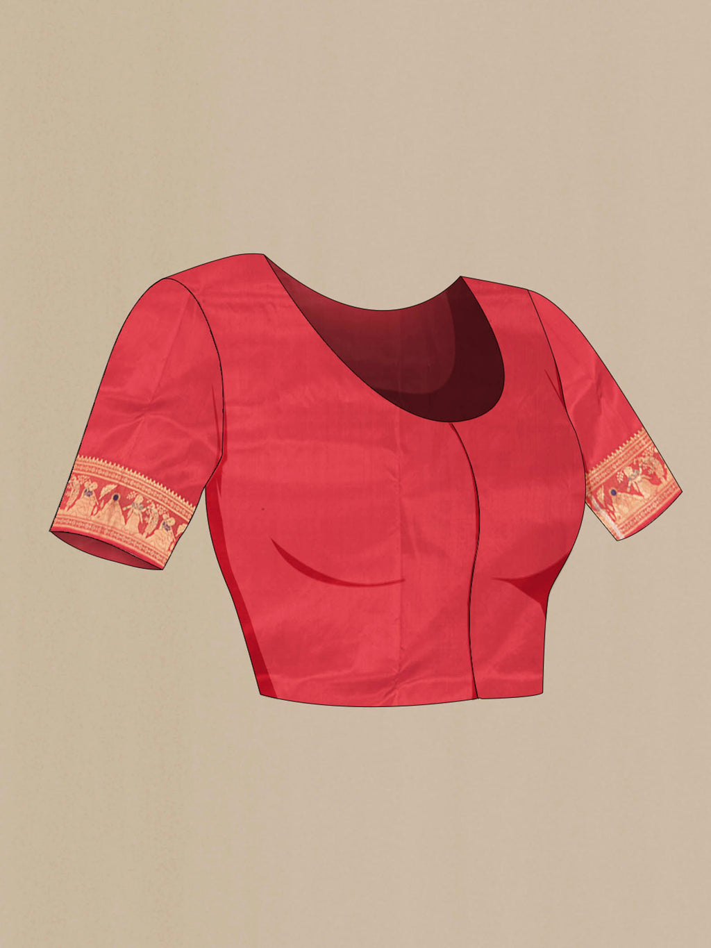 Close up image of the blouse of Red Baluchari Silk Saree with Zari And Thread Butta on the body and Zari And Thread Border