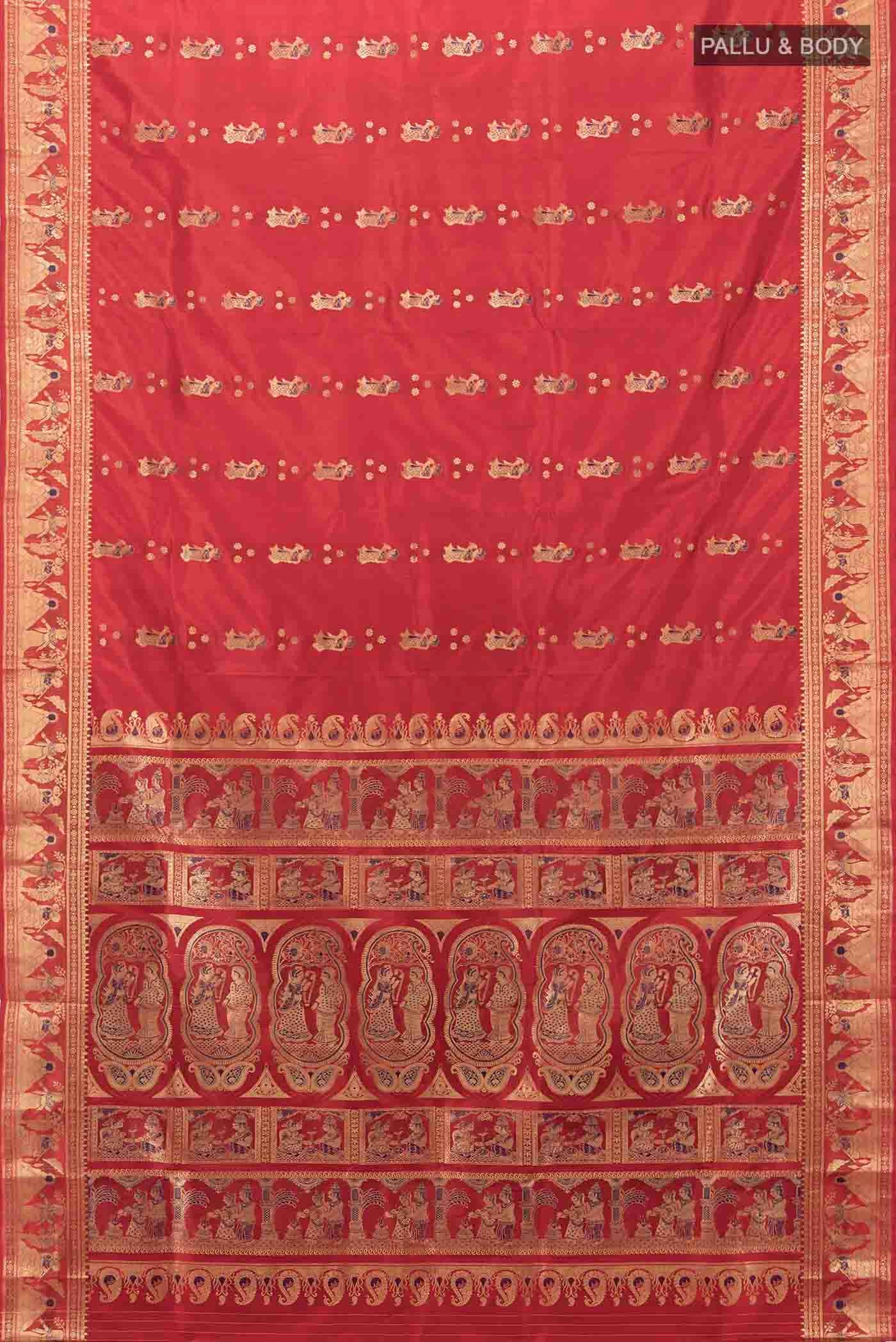 Flat view of Red Baluchari Silk Saree with Zari And Thread Butta on the body and Zari And Thread Border